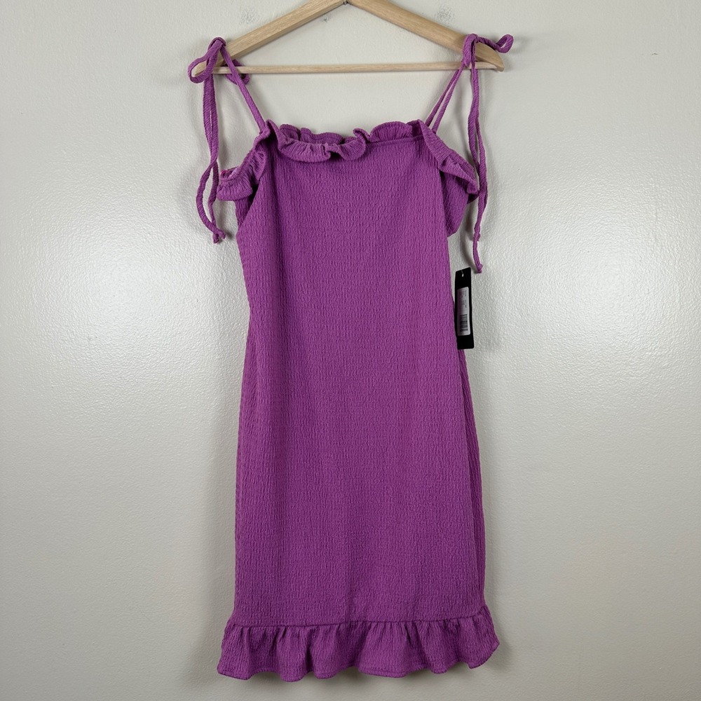 Bebe Women's L Mini Dress Lilac Textured Ruffle Tie Shoulder NEW